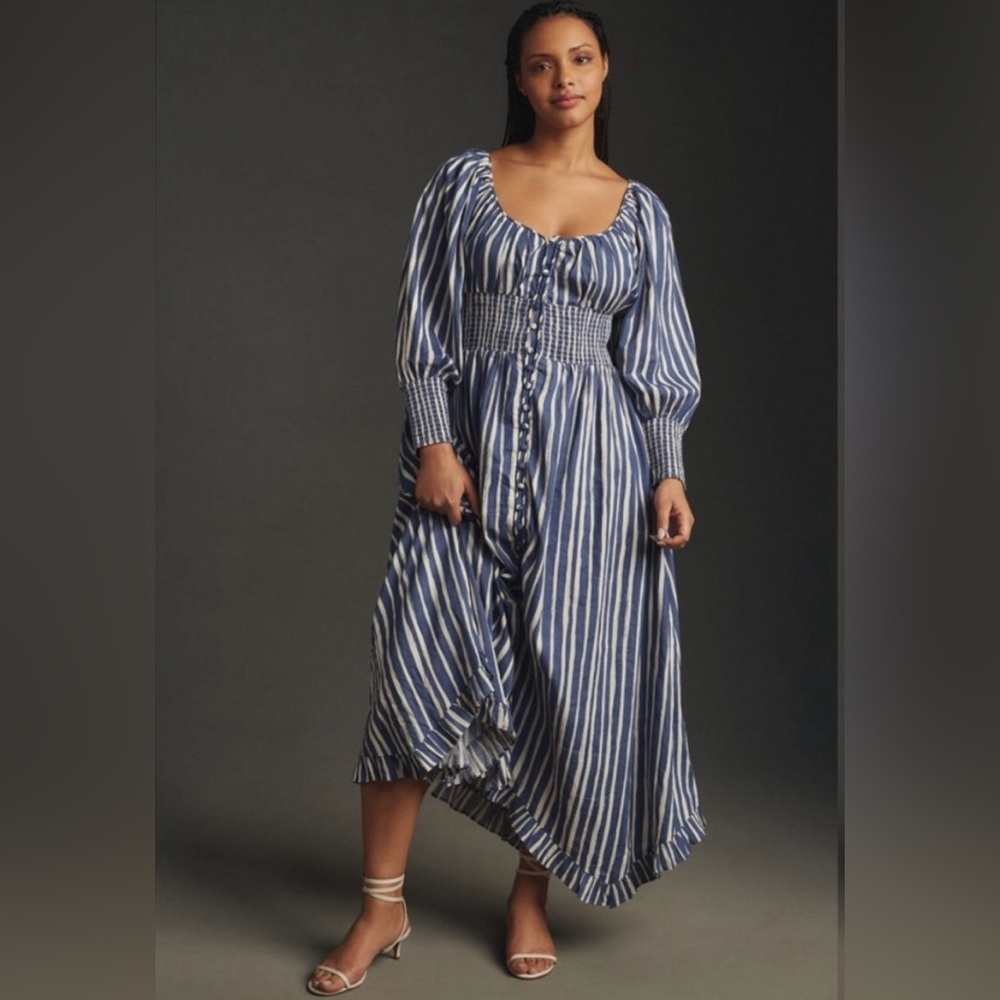 Anthropologie Long-Sleeve Sweetheart Midi Dress Blue and White Striped EUC M